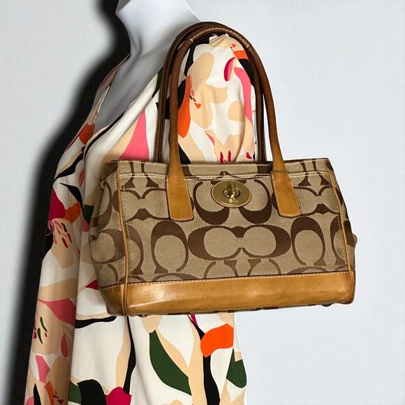 COACH Hamptons Medium Madeline Satchel Handbag Brown Monogram Leather Trim - Picture 15 of 15